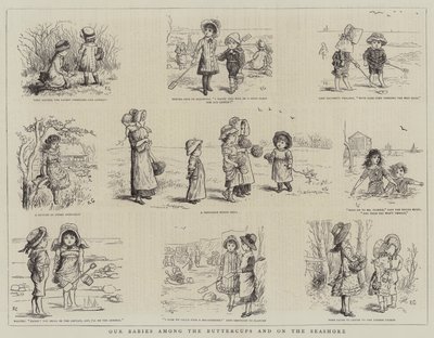 Nuestros bebés entre las ranúnculos y en la orilla del mar de Kate Greenaway